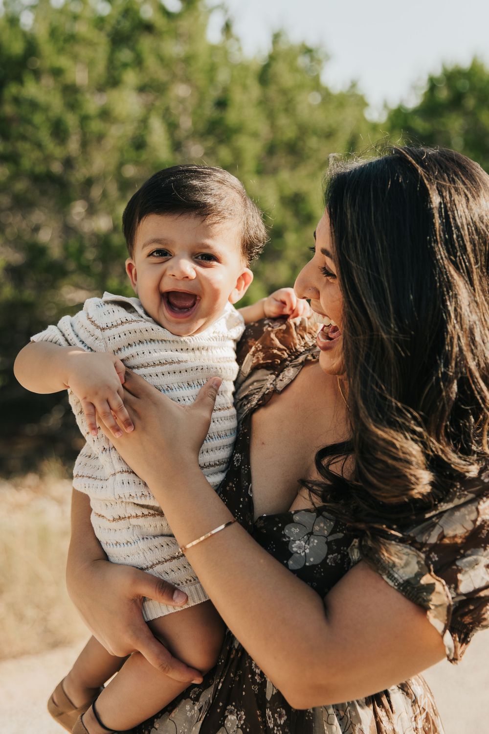 A series of candid photos showing joyful parent-child moments outdoors with natural lighting and blurred backgrounds.