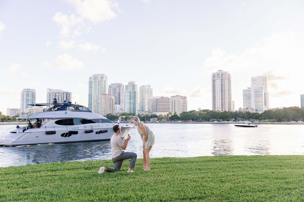 Man proposes to woman on grassy waterfront with luxury yacht and city skyline in background.