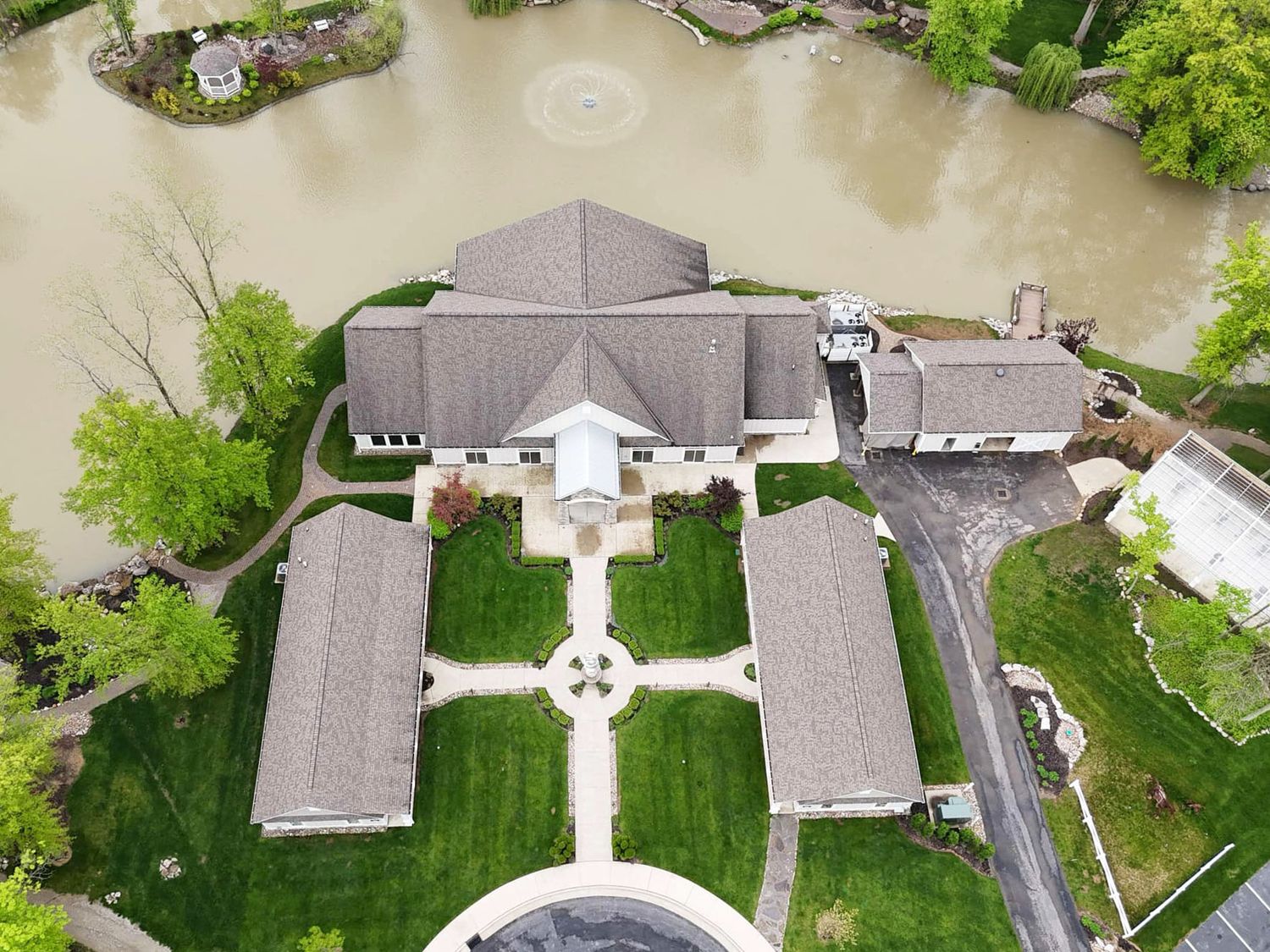 Aerial view of event venue surrounded by fall foliage in Franklin County