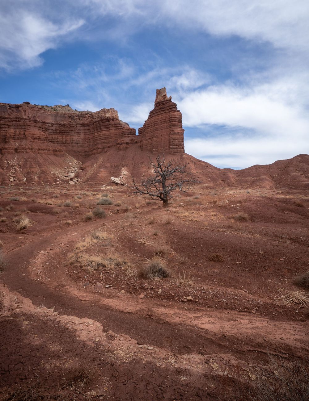Panoramic view of red rock formations and desert landscape under cloudy blue skies in a rugged mountainous terrain.