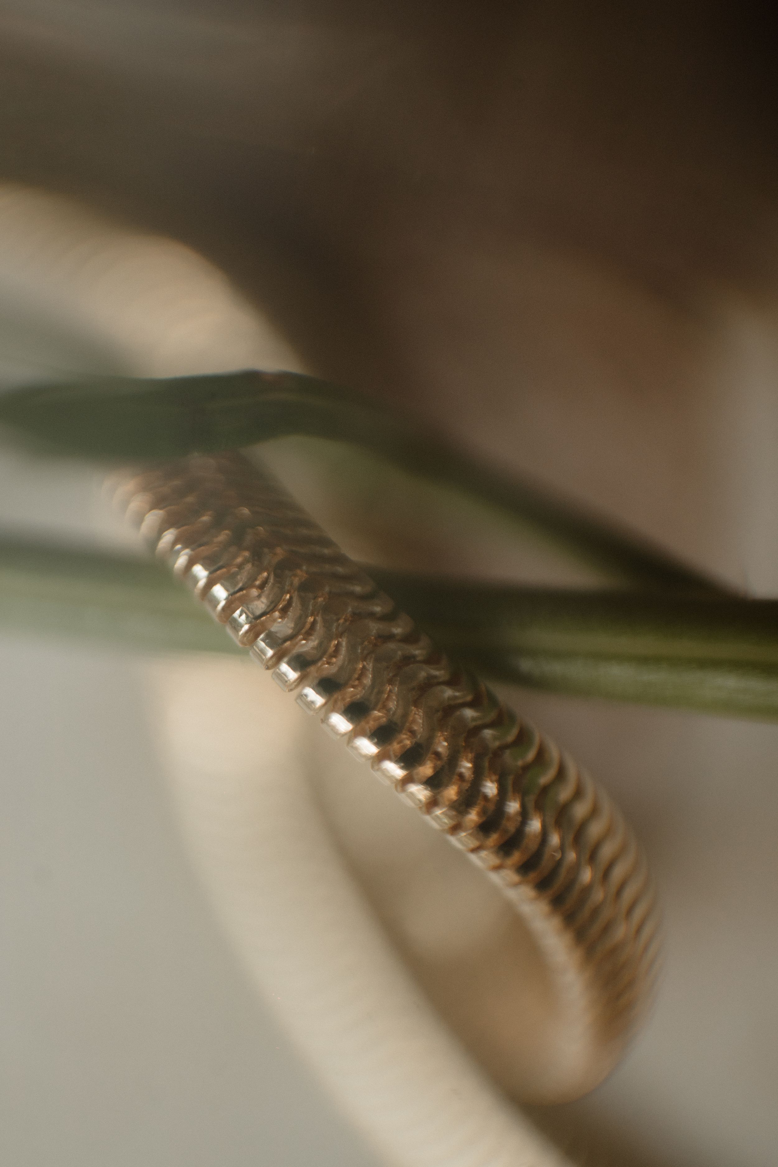 Extreme close-up of a textured gold ring with intricate braided pattern.