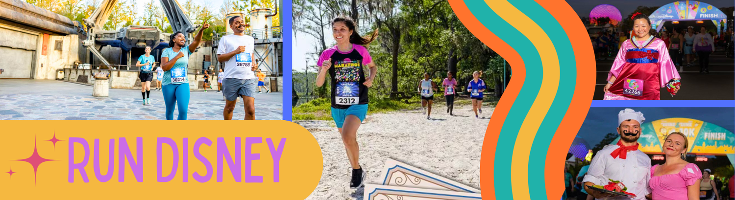 Vibrant banner showing runDisney race events with runners and park scenery.