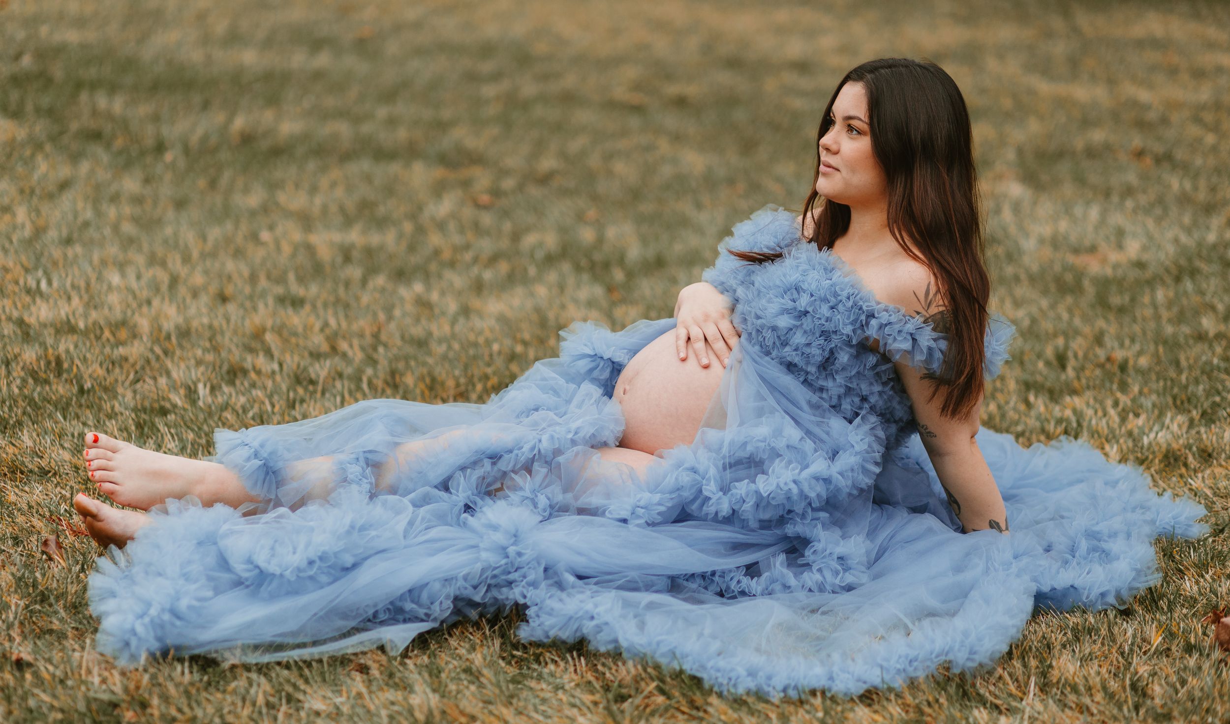 Dreamy maternity portraits featuring a flowing blue gown on grassy terrain.