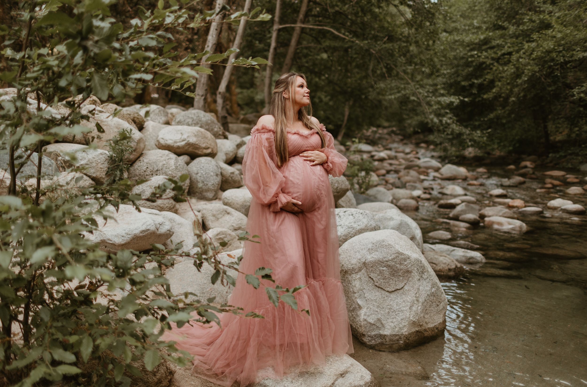 Romantic photography session featuring a pink tulle dress among rocky riverside terrain.