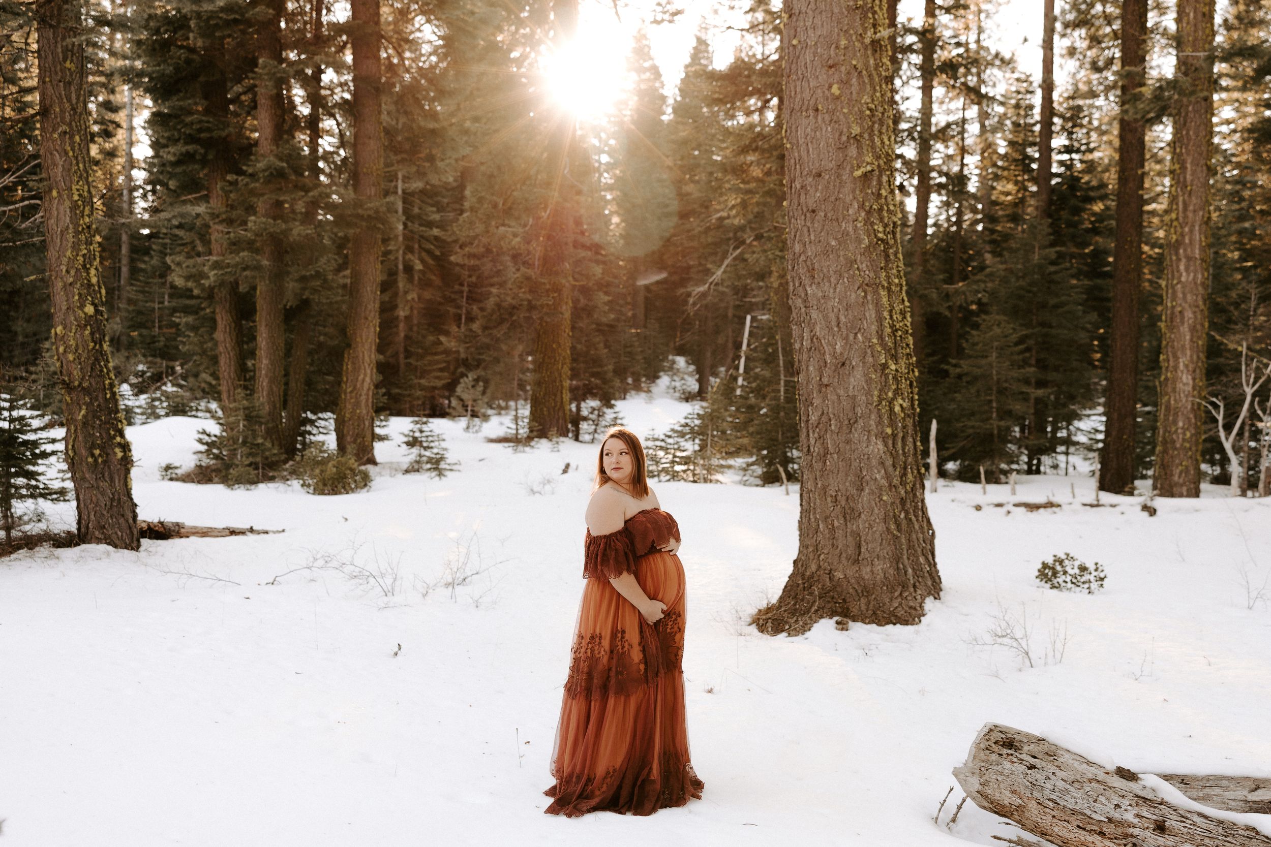 Flowing rust-colored dress contrasts beautifully against snowy winter forest landscape at sunset.
