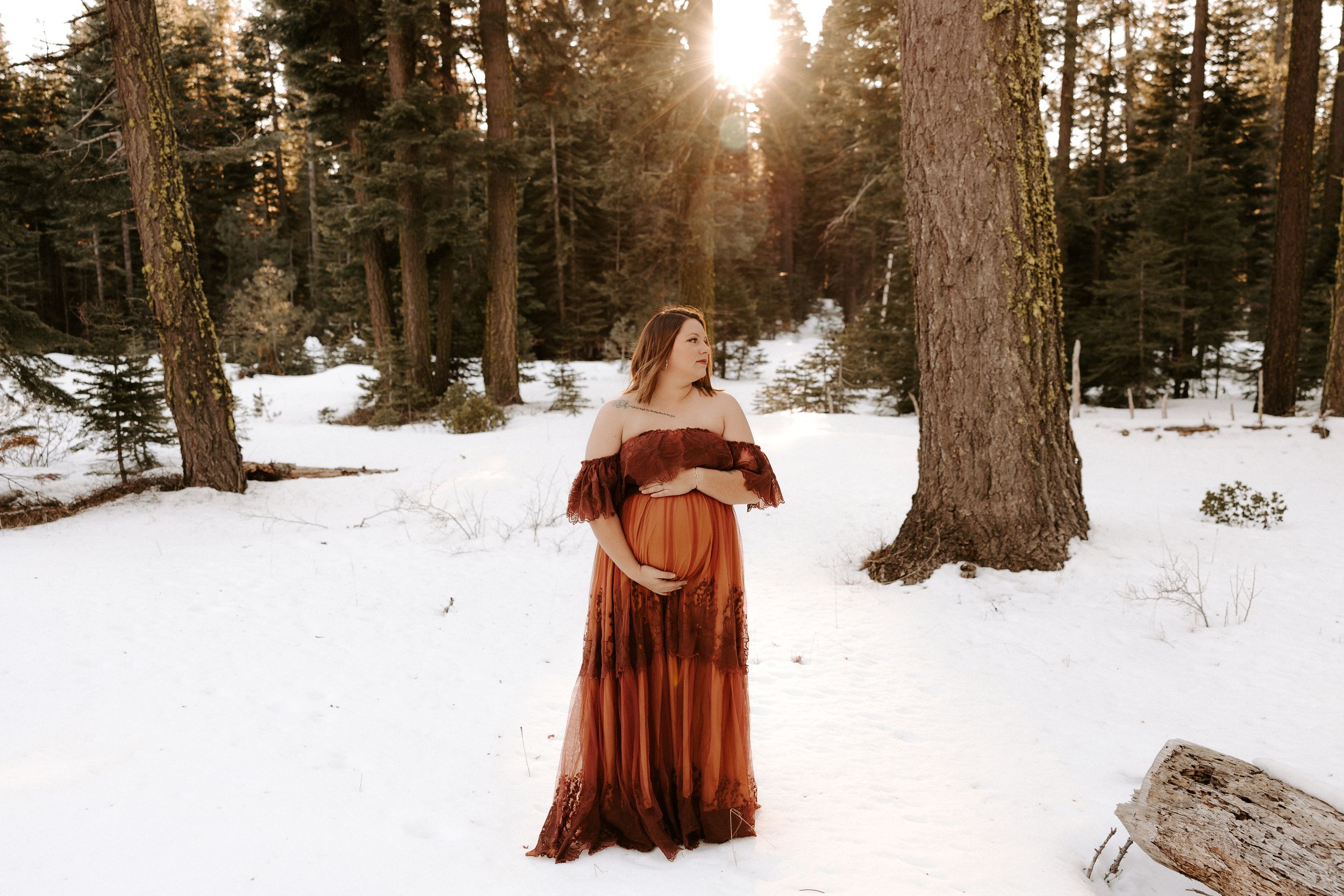 Long burgundy dress creates dramatic silhouette against snow-covered pine forest.