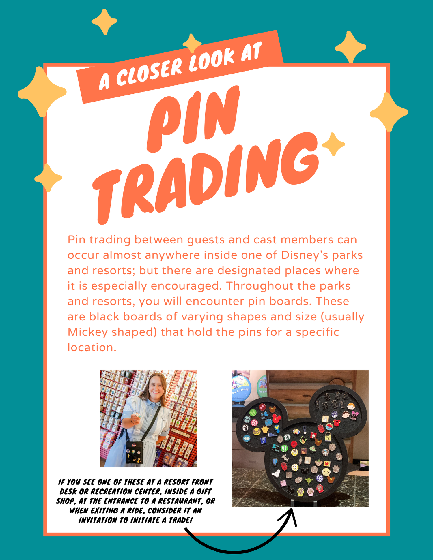 Disney pin trading guide showing pin boards and trading locations in the parks.