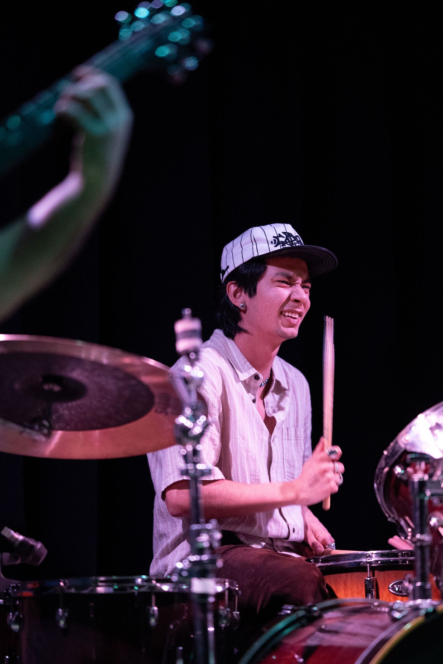 The drummer for Karass performs at a concert event at Burlington Bar in Chicago