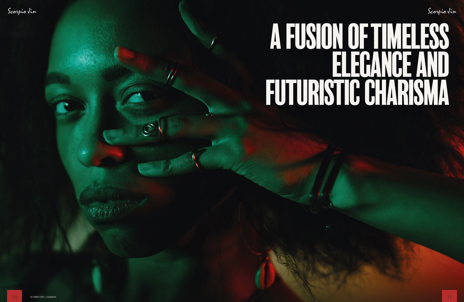 Dramatic green-tinted editorial portrait with artistic lighting and hand gestures.