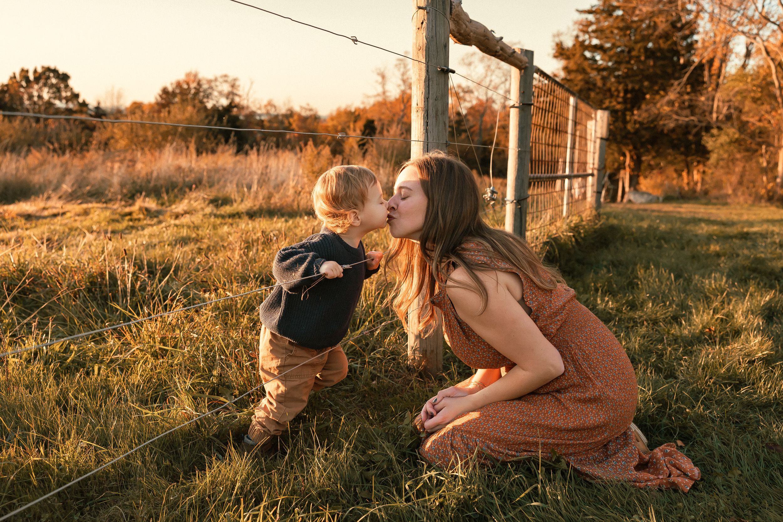 Two people share a tender moment in a sunlit field at golden hour with rustic fence posts in the background.