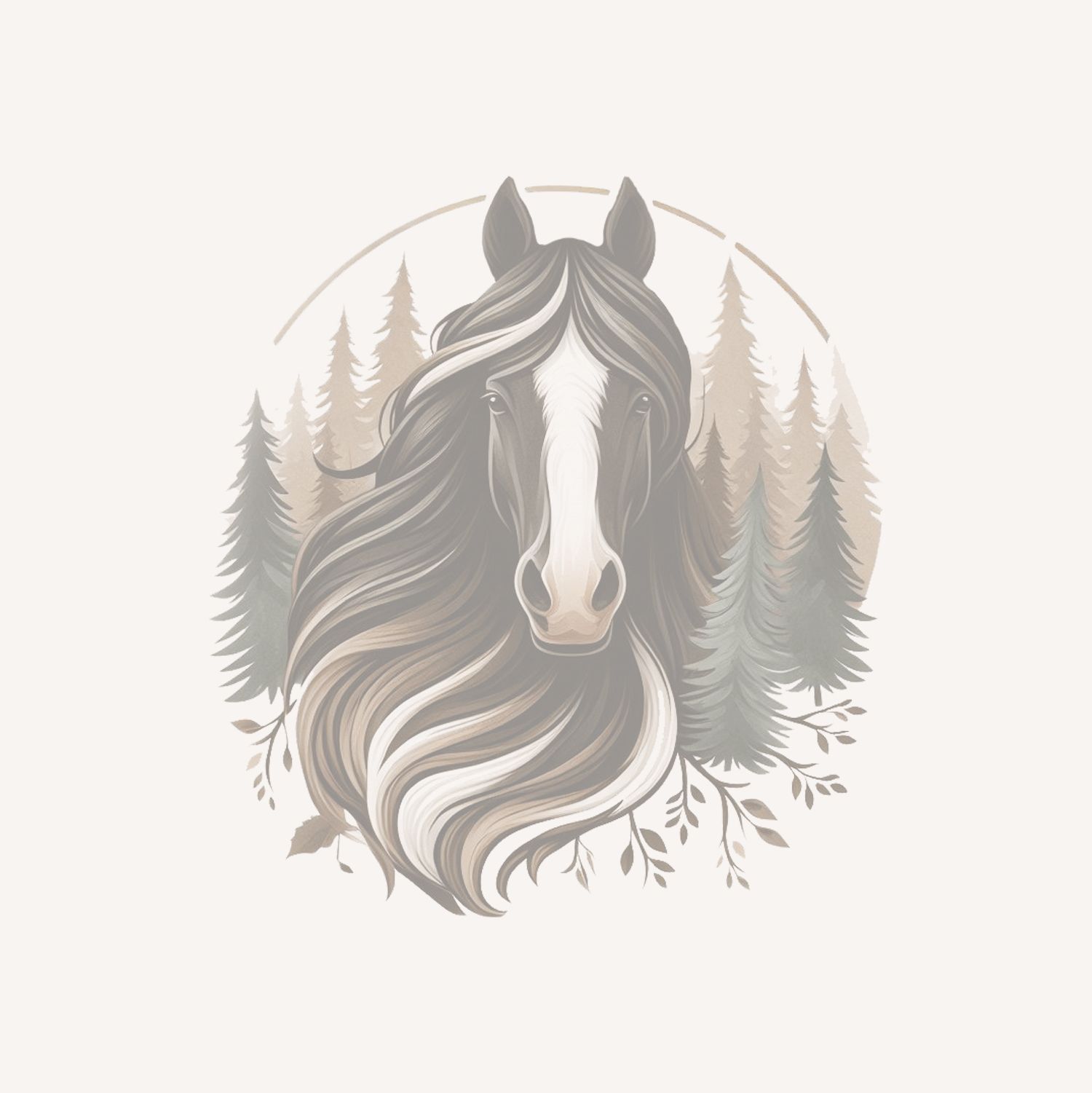 Elegant horse logo illustration with flowing mane surrounded by pine trees in circle.