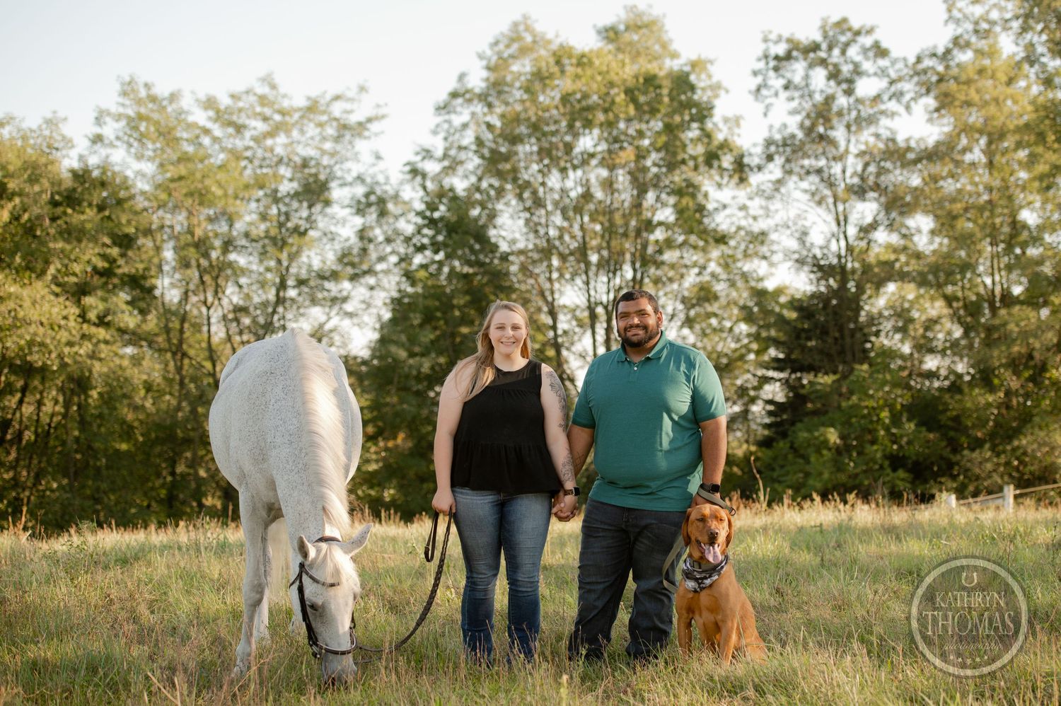 A white horse and brown dog pose with their owners in a golden field at sunset.