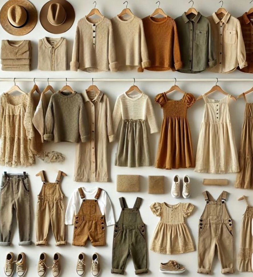 Collection of vintage-style children's clothing in neutral tones displayed on hangers against a white wall.