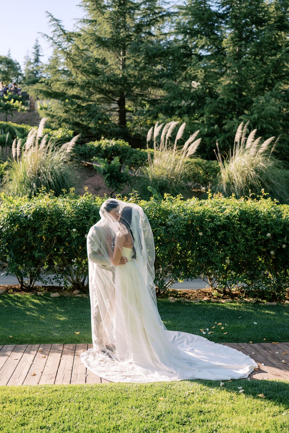 Bride and groom share a kiss under a flowing white veil in a lush garden setting on their wedding day.