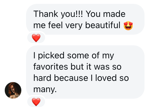 Screenshot of a heartfelt customer testimonial expressing gratitude and feeling beautiful after a photography session.