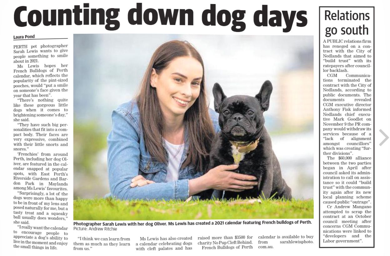 Newspaper article about photographer and her French Bulldog