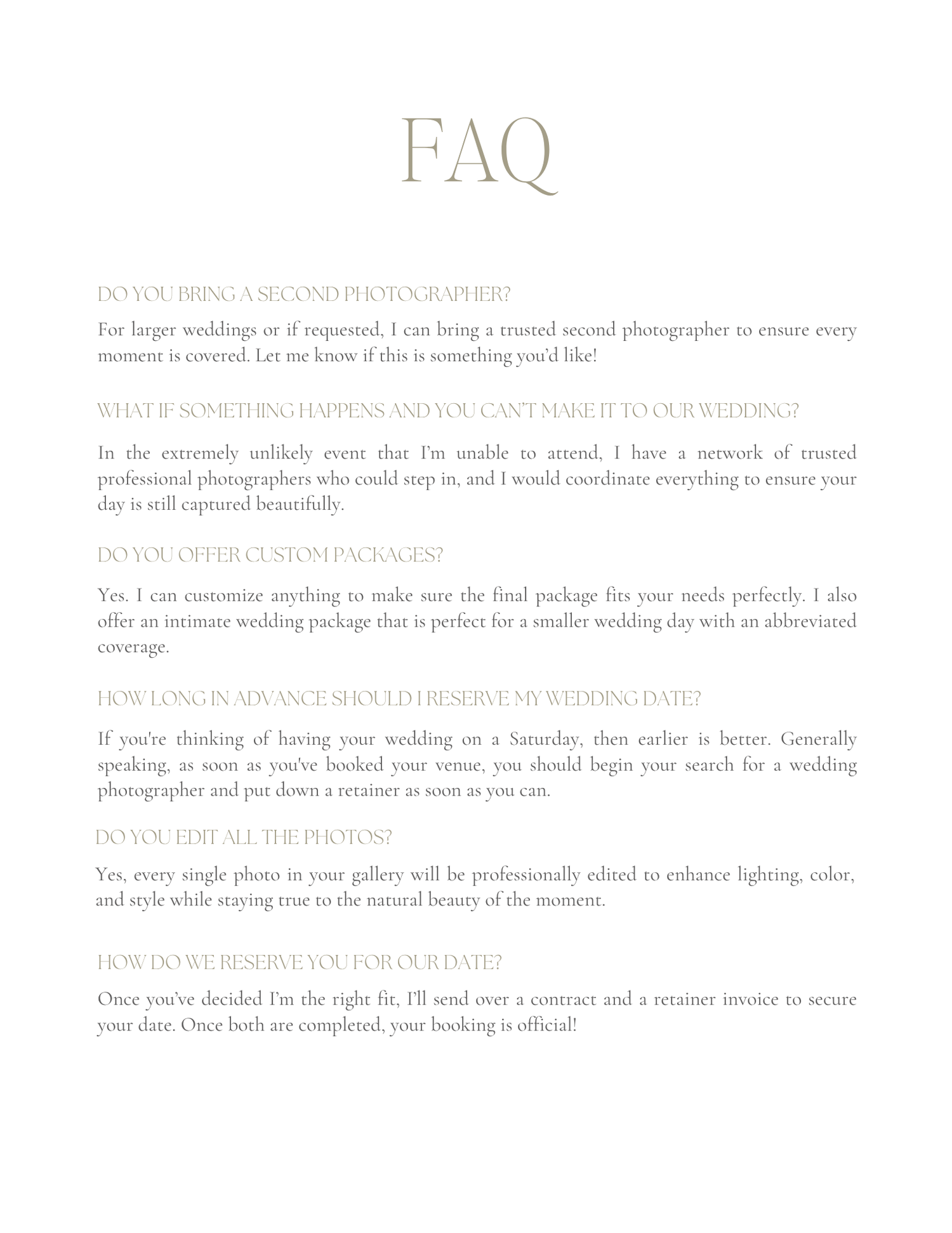 FAQ page for a wedding photographer addressing second shooters, packages, booking timeline, and retainer details.