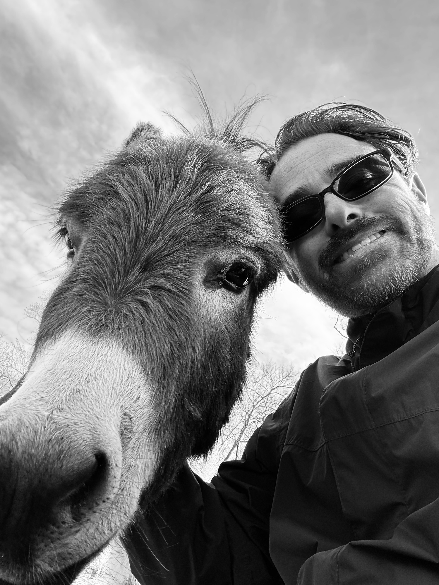 Black and white selfie of a smiling man wearing sunglasses posing cheek-to-cheek with a friendly donkey outdoors.