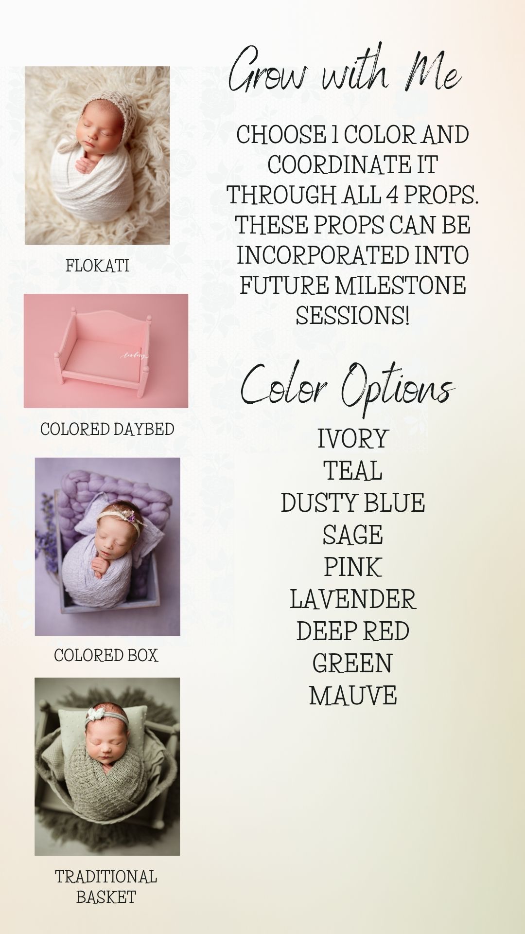 Newborn photography props set featuring flokati rug, pink daybed, colored box, and basket in pastel color options.