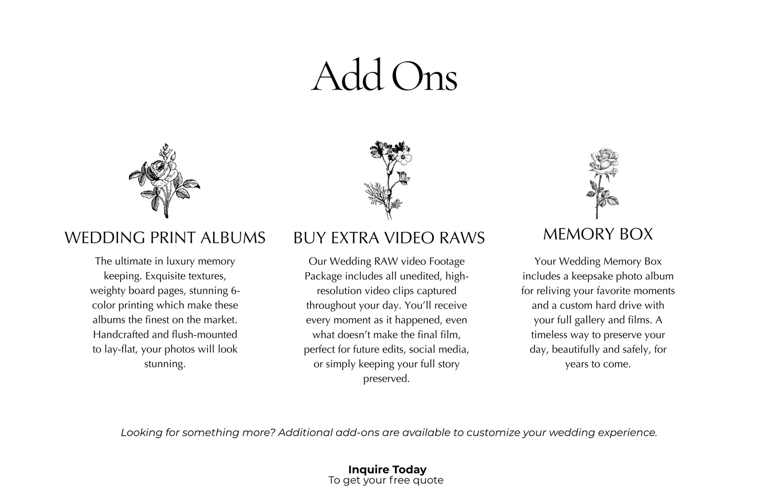Wedding photography add-ons including photo booth, extra raw video files, and memory box packages displayed on elegant white background.