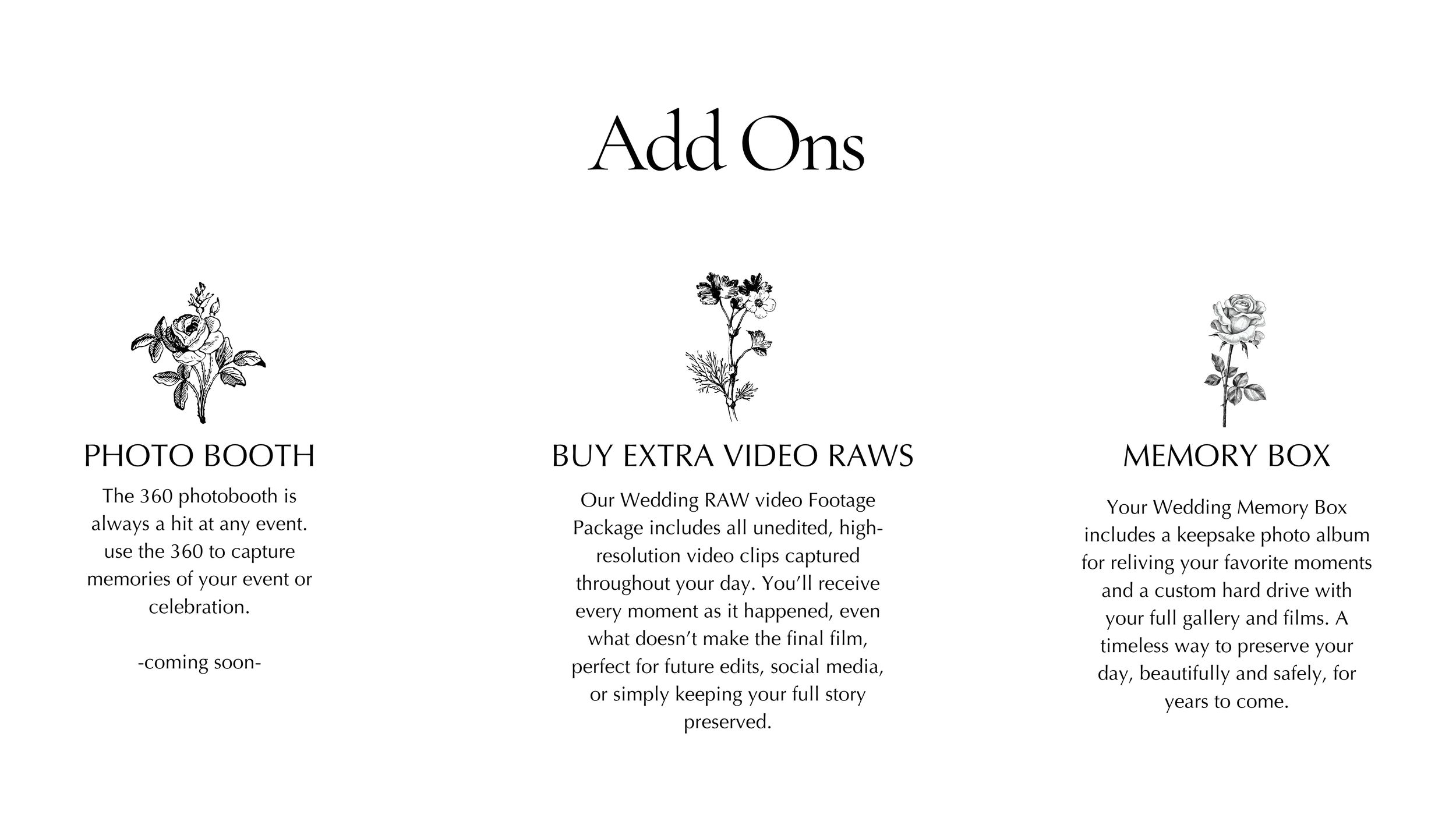 Wedding photography add-ons including photo booth, extra raw video files, and memory box packages displayed on elegant white background.