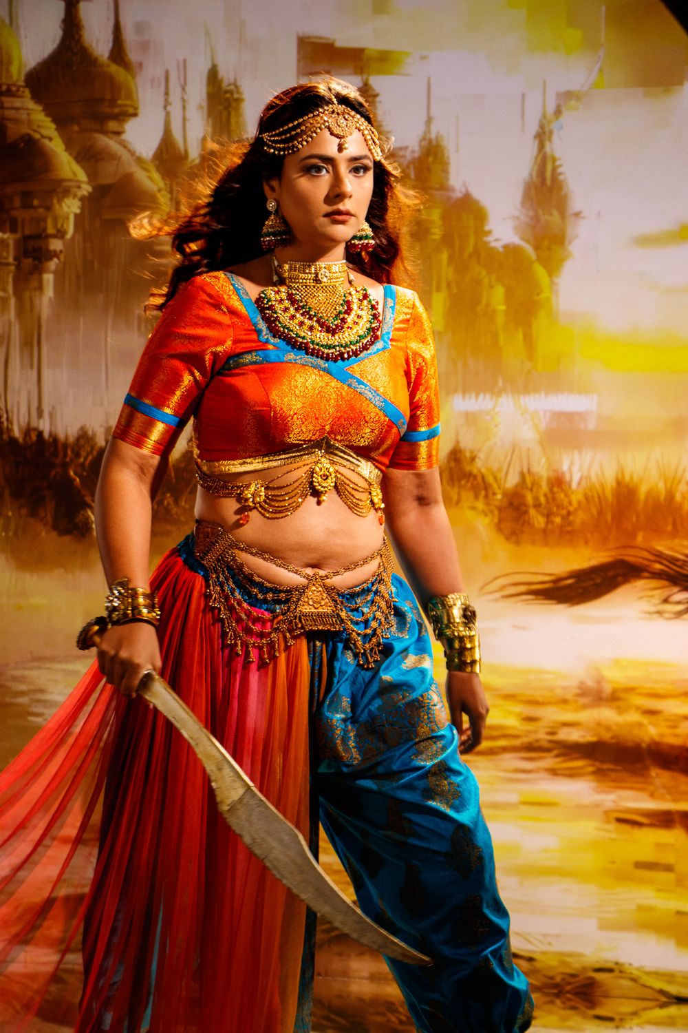 Cinematic fashion portrait of a woman in vibrant traditional clothing, photographed in Greater Noida, Delhi-NCR.