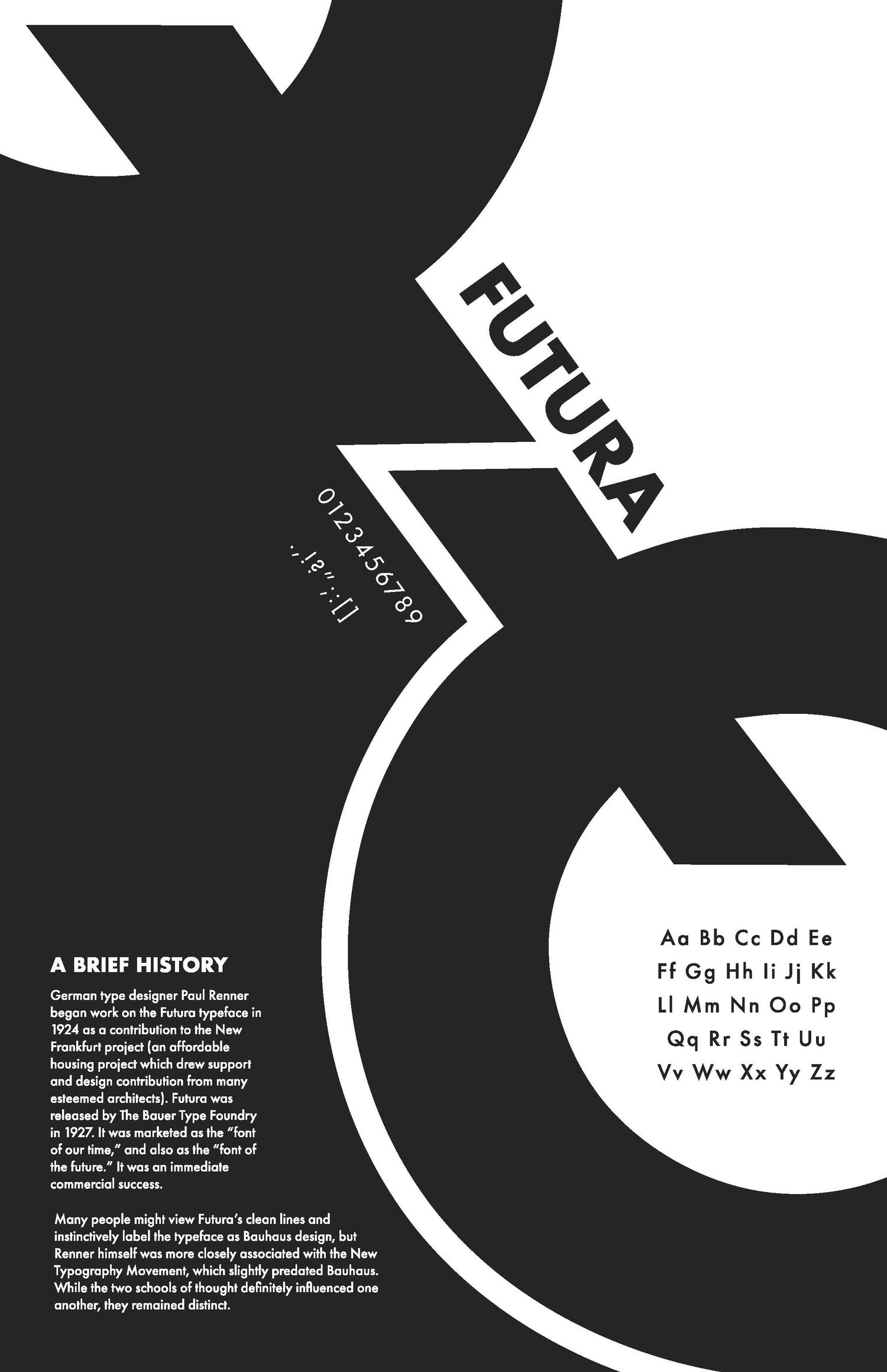 Black and white Futura typeface poster showcasing alphabet, numerals, and brief history of the geometric sans-serif font.