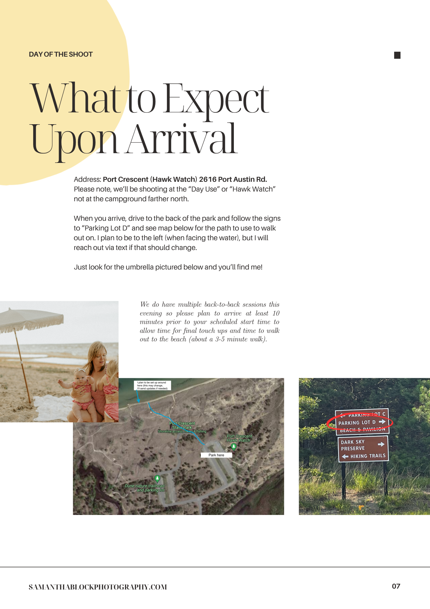 A photography guide showing Port Crescent Hawk Watch location map, beach umbrella setup, and parking lot directions for a photo shoot.