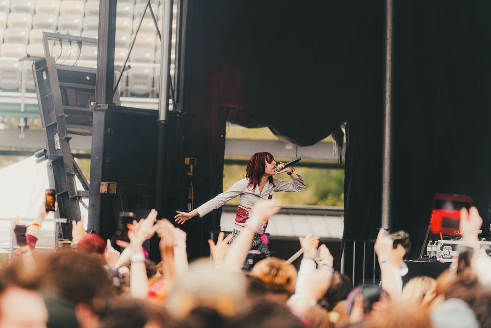 A performer energizes a large outdoor festival crowd, leaning toward fans with mic in hand on a bright sunny day.