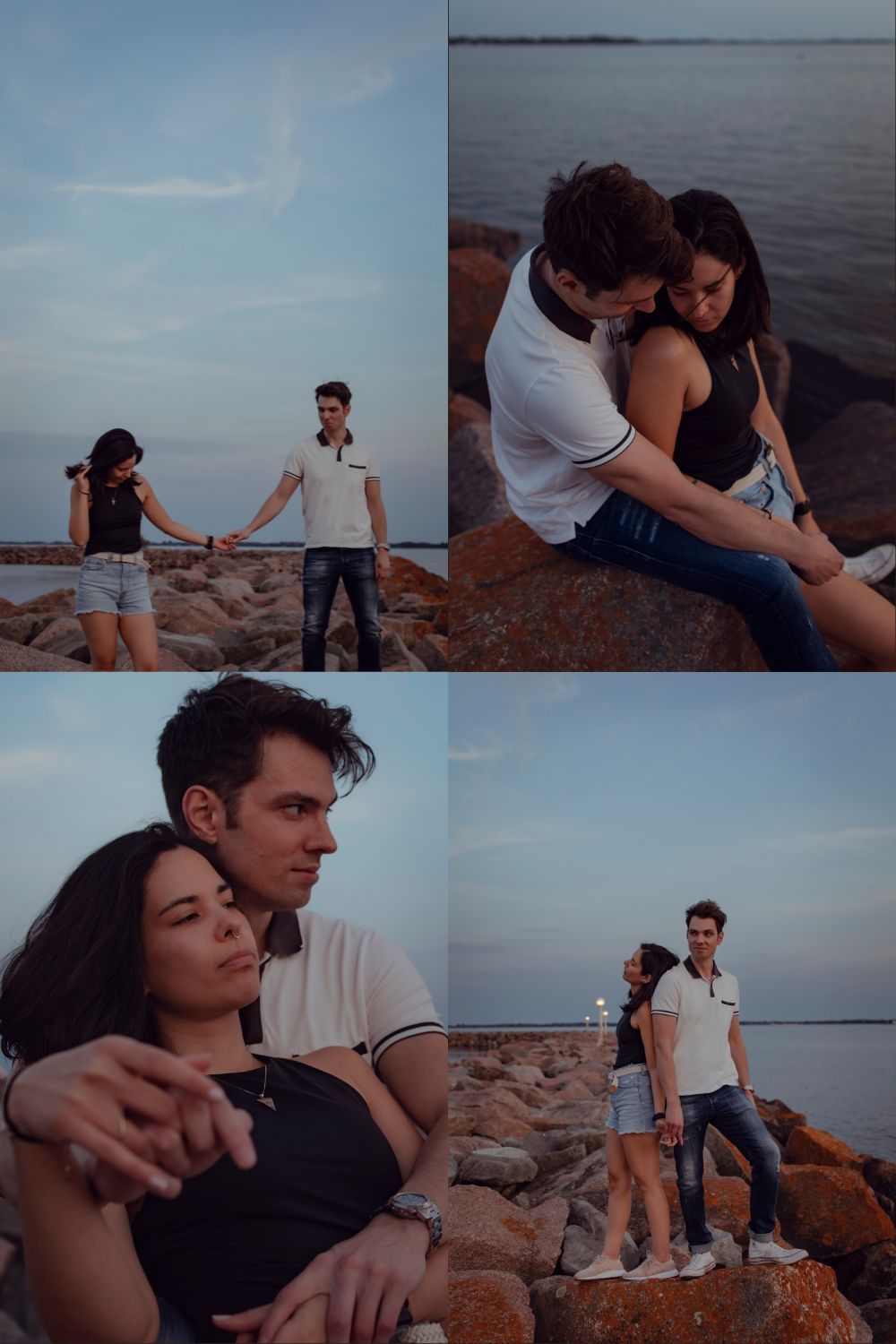 Man and woman posing on boulders by Lake Ontario during cinematic evening photo session during blue hour in Kingston, Ontario.