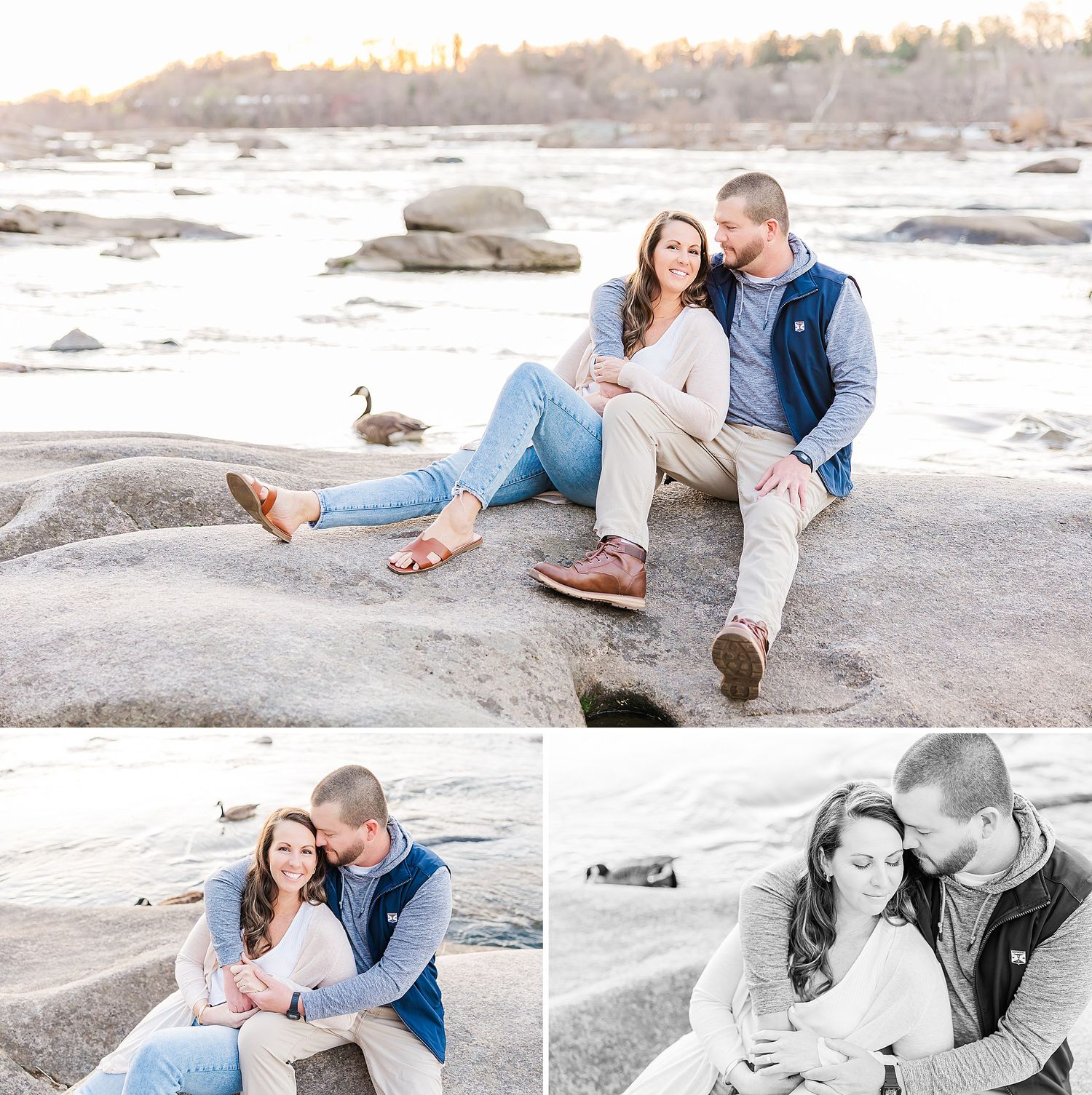 A couple sits together on coastal rocks at sunset sharing an intimate moment by the water.