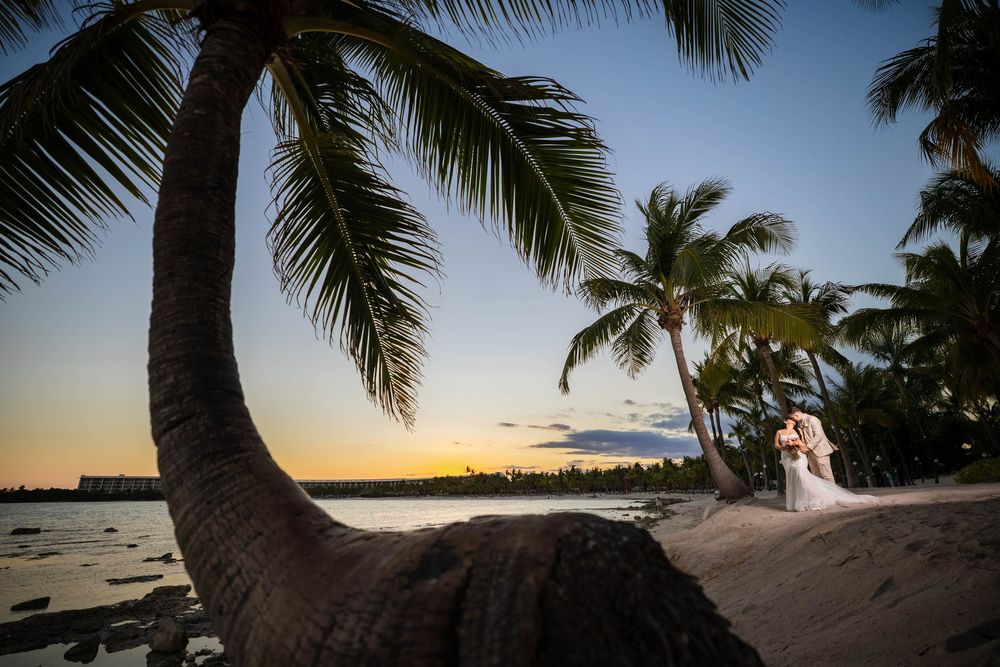 Silhouetted palm tree bends over sandy beach at sunset with couple in distance and ocean in Mauritius.