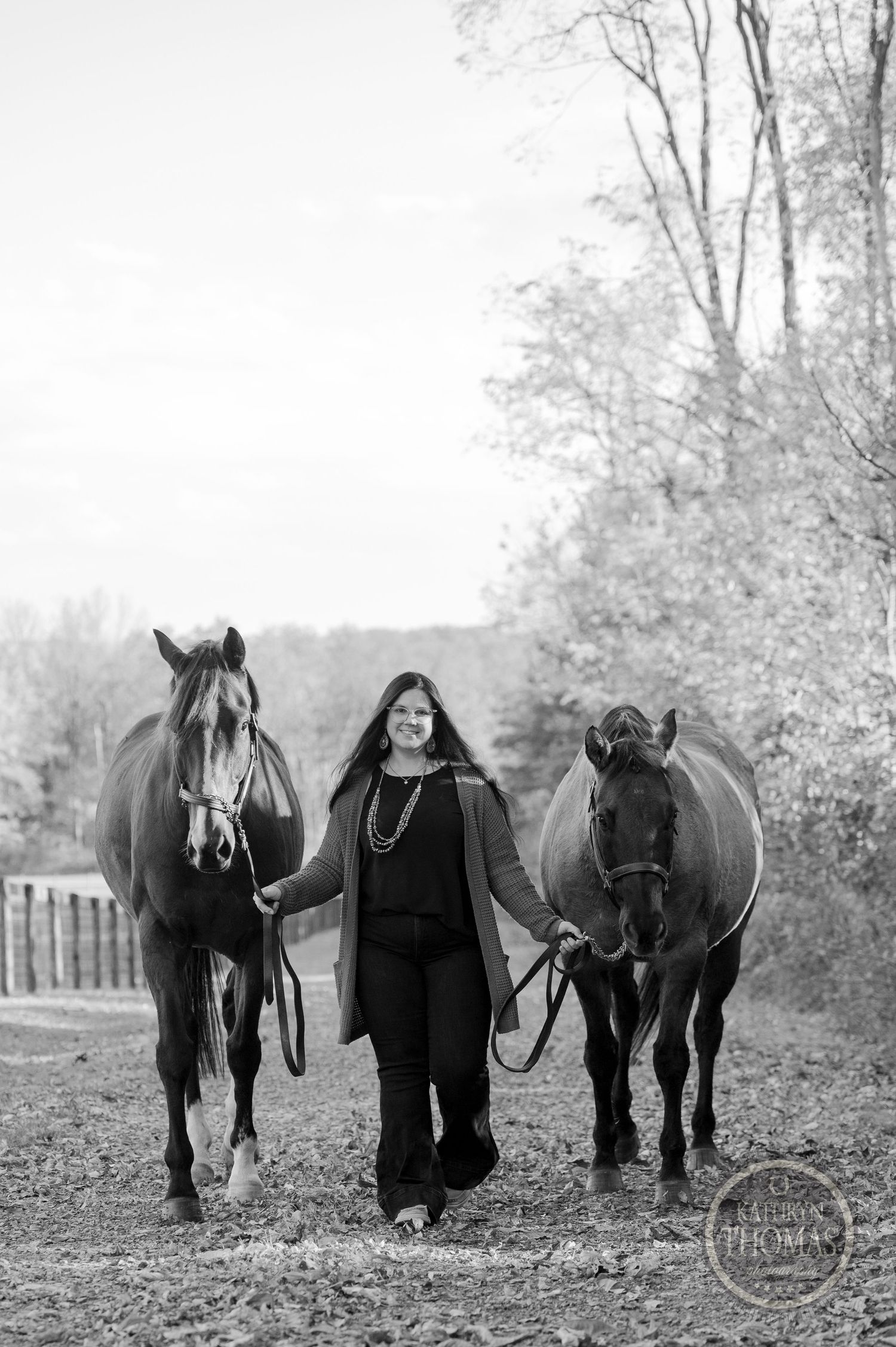 Two magnificent horses walking alongside their handler on a misty black and white country path.