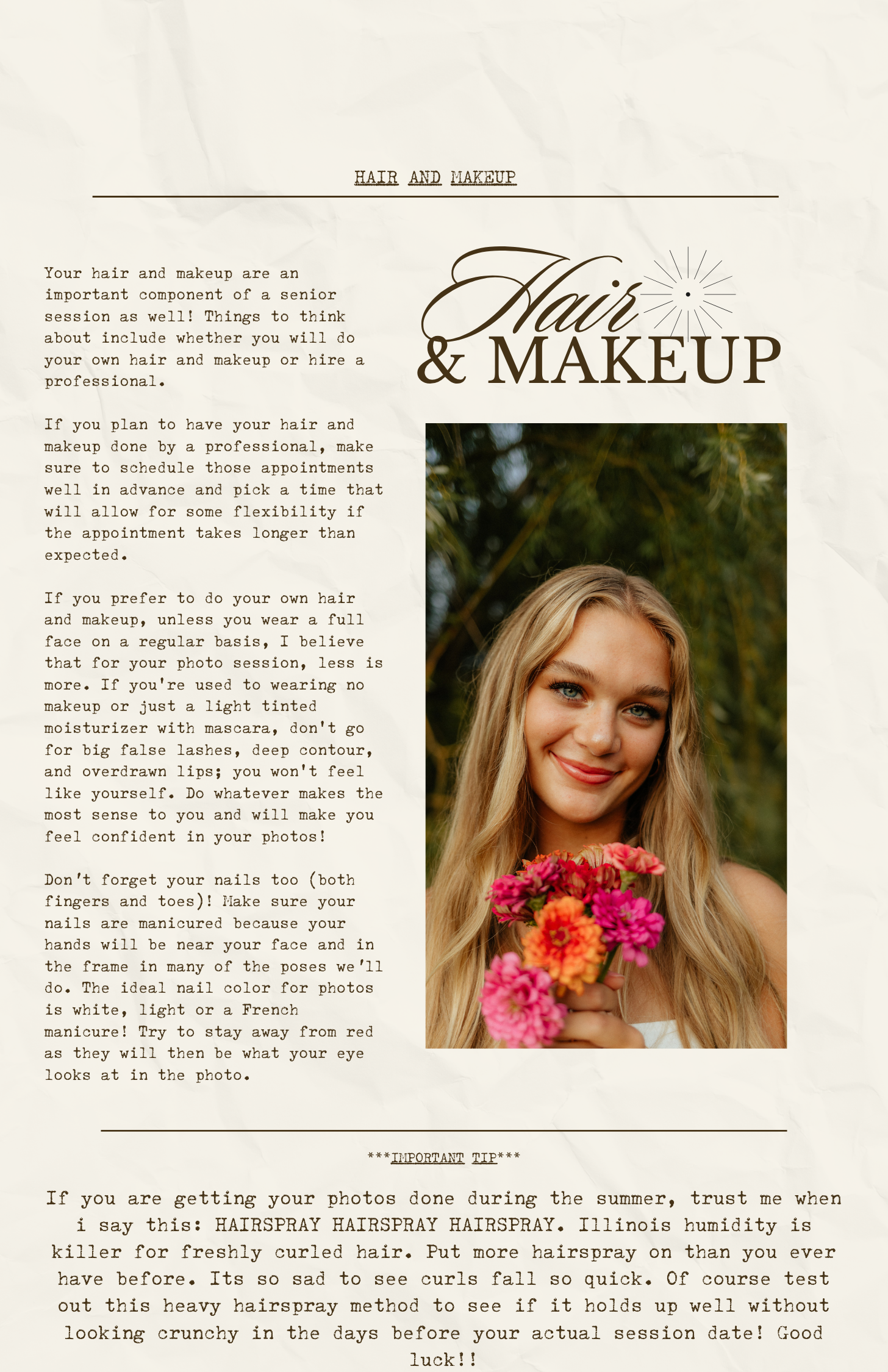 Tips page for photoshoot preparation with images and helpful styling advice.