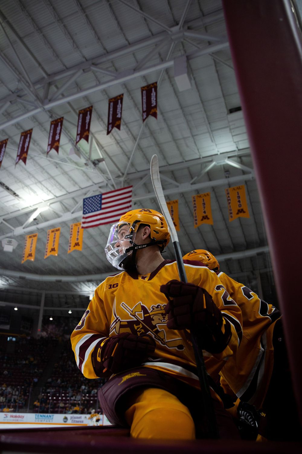 Hockey players in yellow jerseys celebrate on the ice beneath an American flag and championship banners.