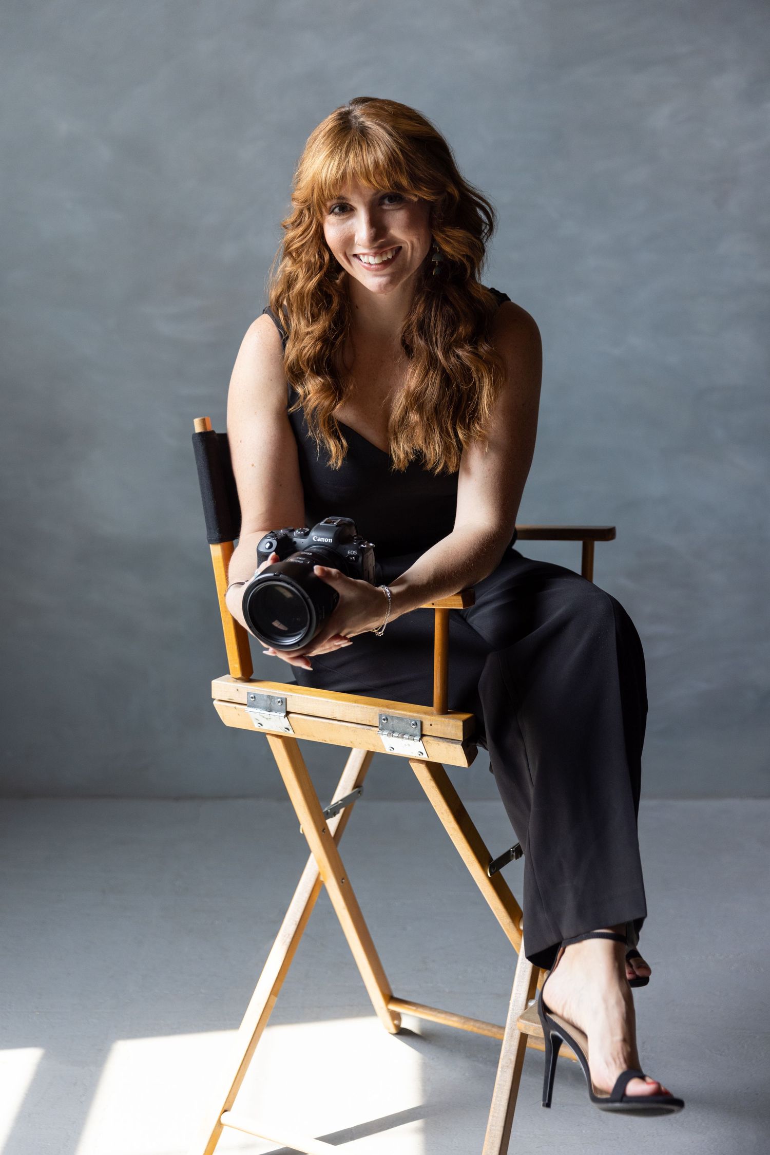 Series of creative portraits showing photographer sitting in director's chair with camera.