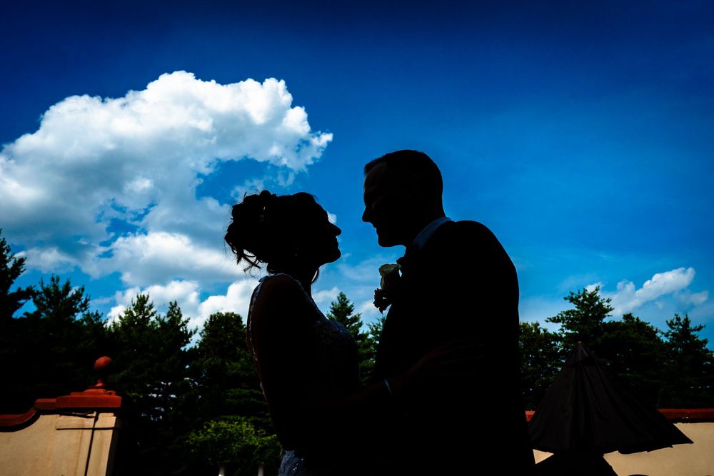 Silhouettes of wedding party against vibrant blue summer sky.