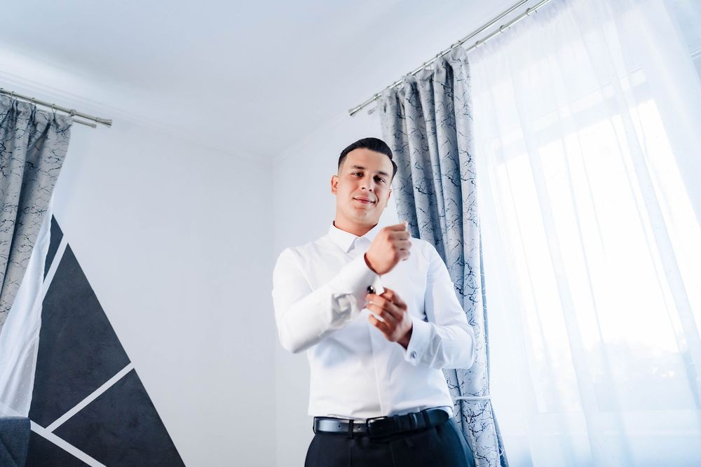 A series of photos showing someone in formal attire preparing for a special occasion near a window.
