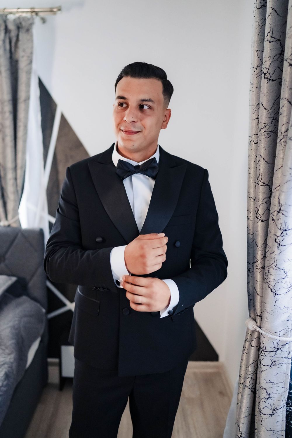 A series of shots showing final preparations in formal wear against a light interior background.