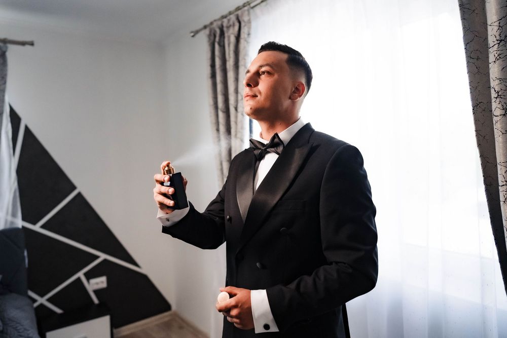 A collection of formal preparation photos taken in a modern room with elegant curtains.