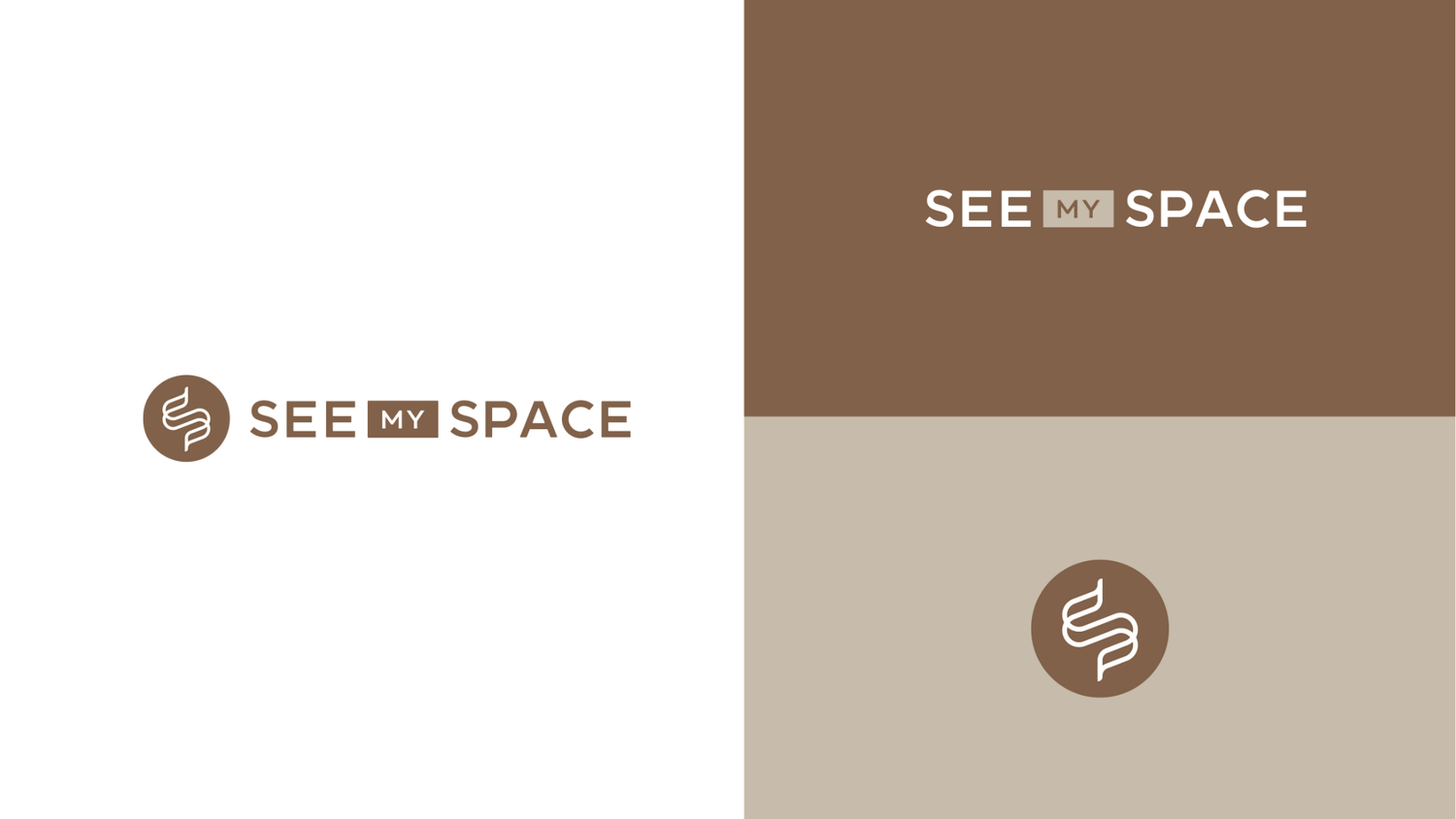 Brand identity design showing SEE SPACE logo and typography in brown tones.
