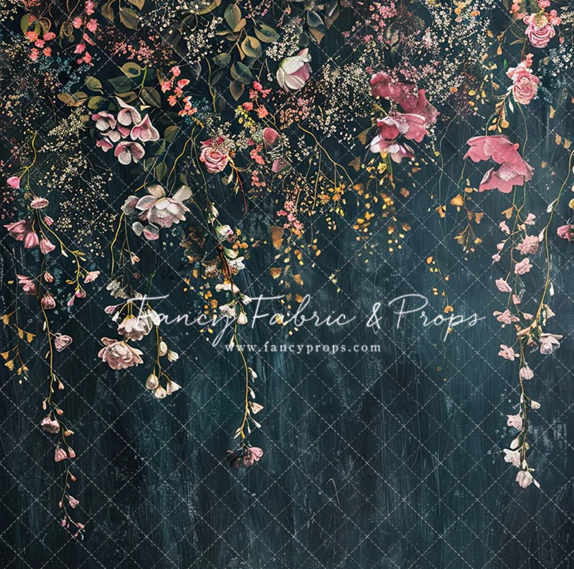 Vibrant pink roses and delicate floral arrangements cascade down a dark textured background creating an elegant composition.