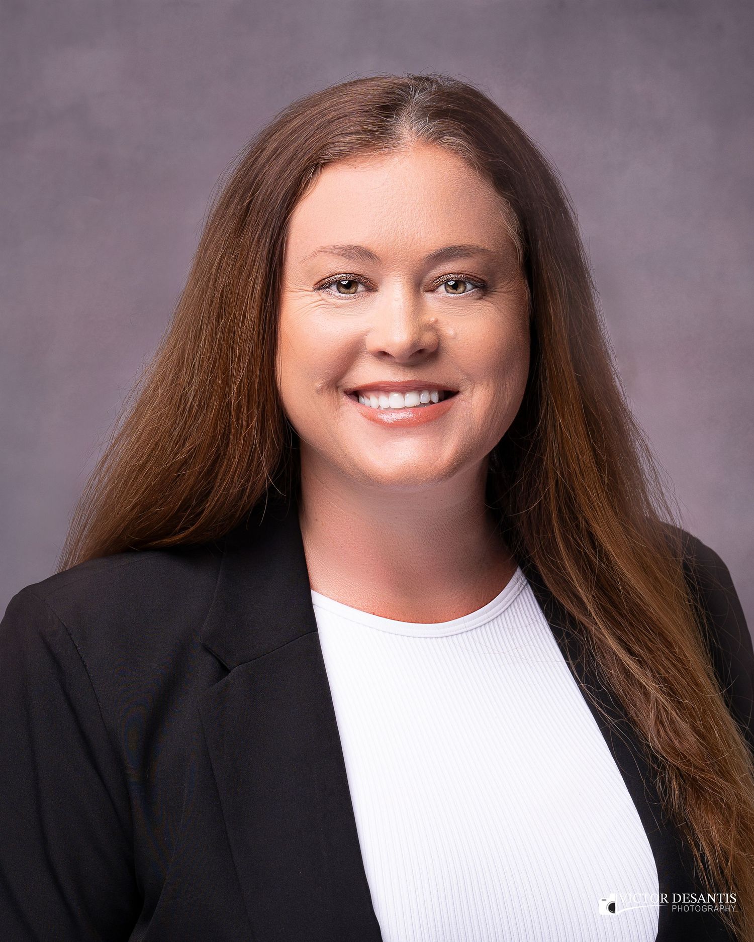 Professional headshot series showing a person in business attire smiling against a gray studio backdrop.