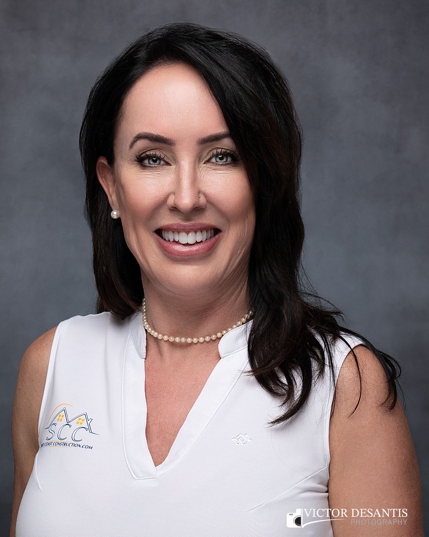 Professional headshot series showing confident woman in white top and pearl necklace against gray background.