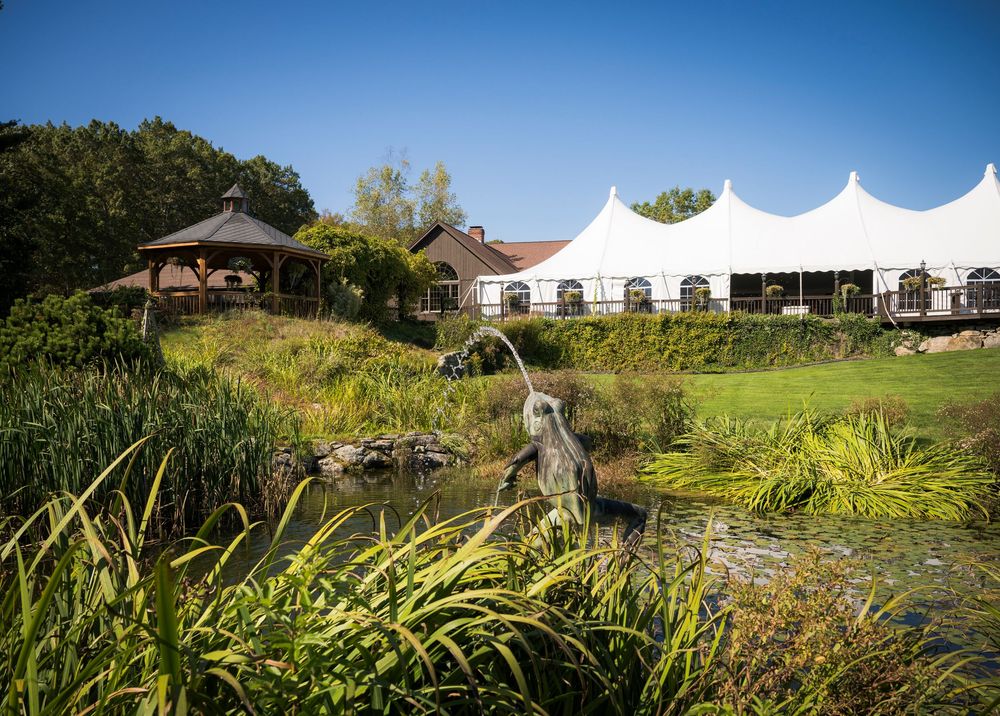 White wedding tent and gazebo set up near a scenic pond with lush greenery and cattails on a sunny day.