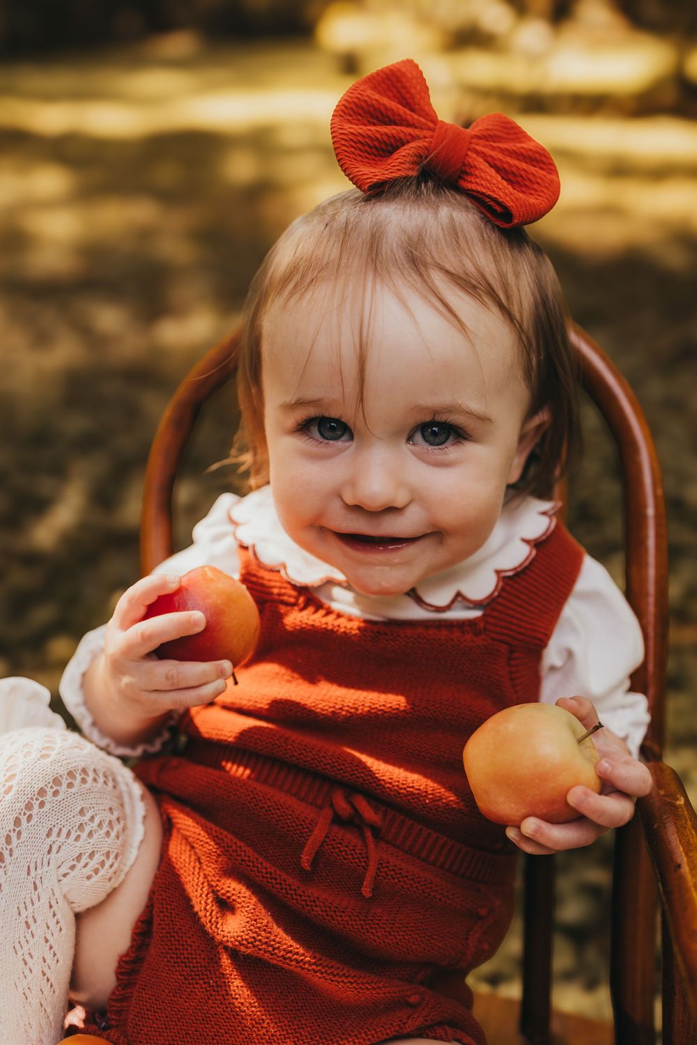 Adorable baby girl in red knit dress holding two apples while sitting in wooden chair outdoors in fall.