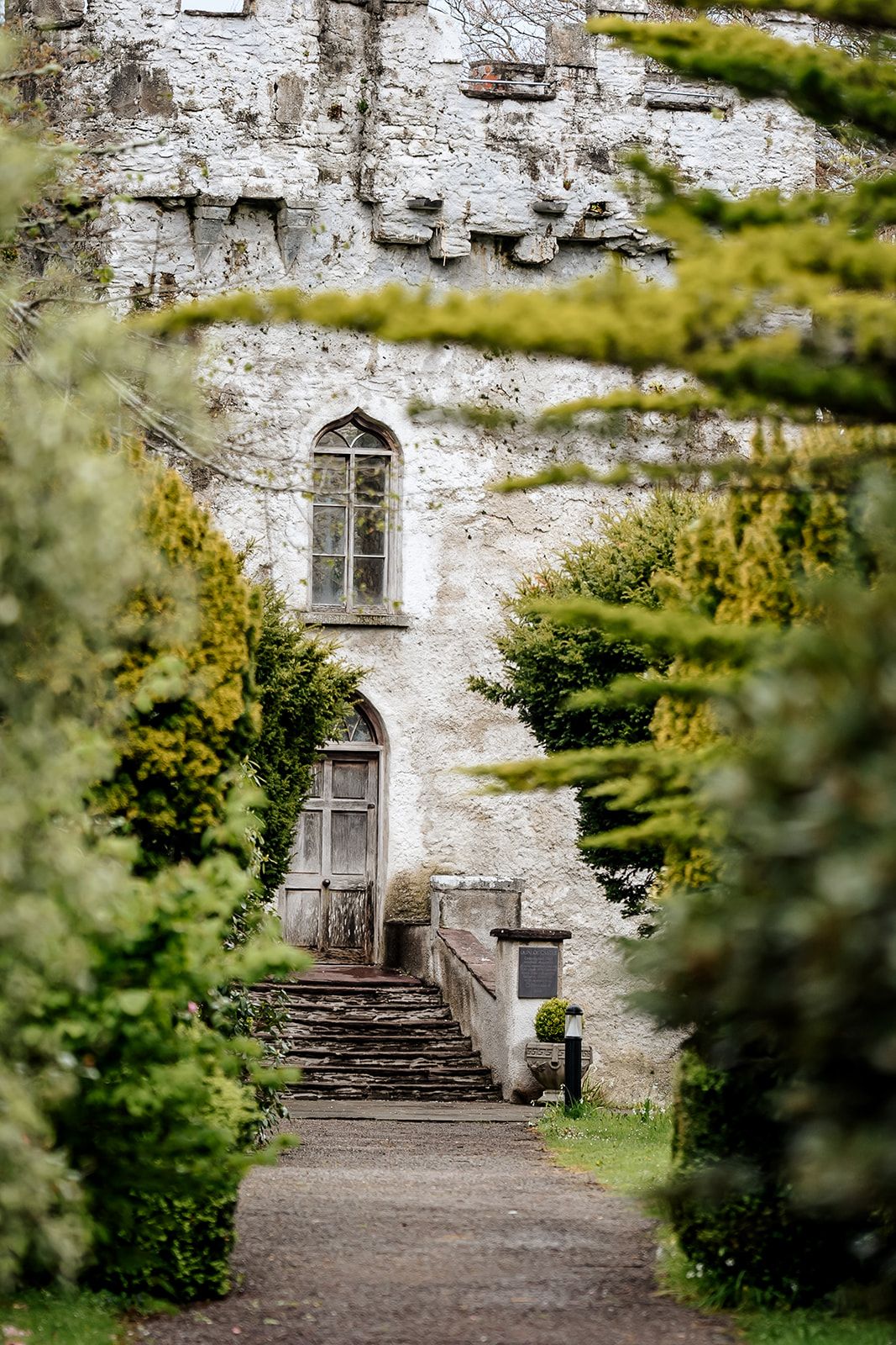 Ancient stone castle entrance with weathered steps and wooden door surrounded by lush greenery.