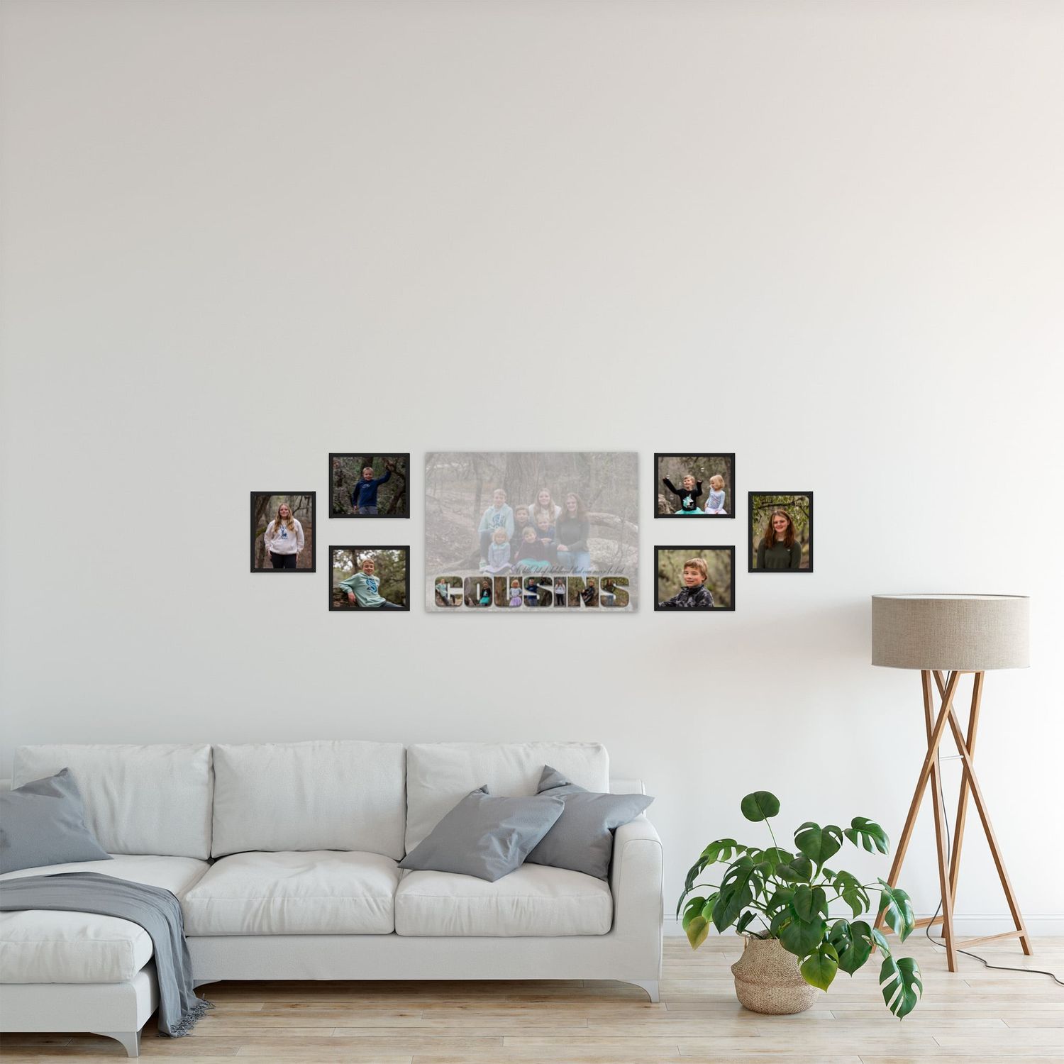 Modern living room interior with light gray sectional sofa, wooden floor lamp, and gallery wall photo display.