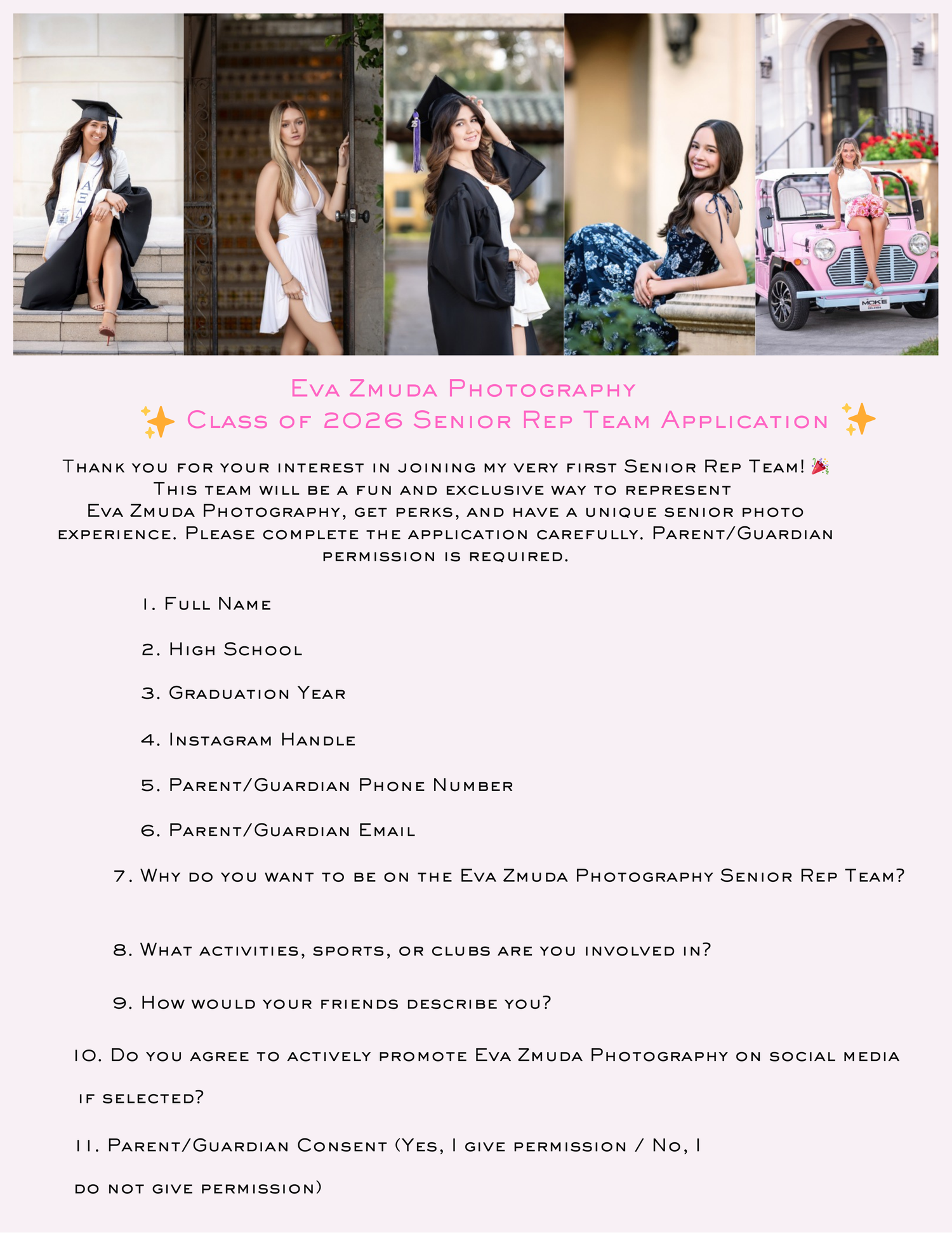 A series of high school senior photography application forms laid out in a collage format showing various input fields.