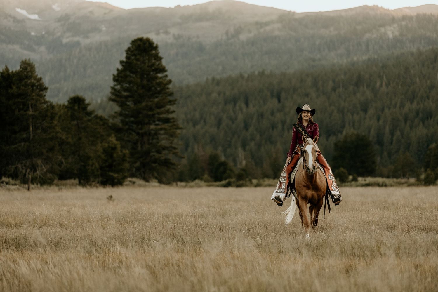 A rider on horseback explores an open meadow surrounded by pine-covered mountains.